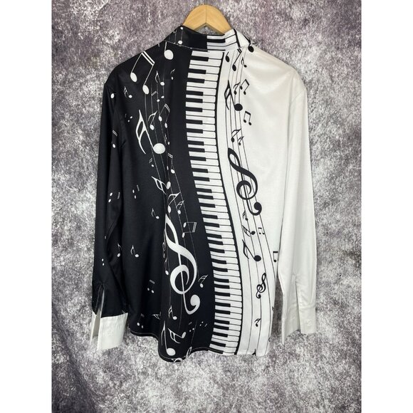 Shirt Mens Black White Musical Note Piano Print 90s Artsy Performance Jazz - Picture 11 of 14